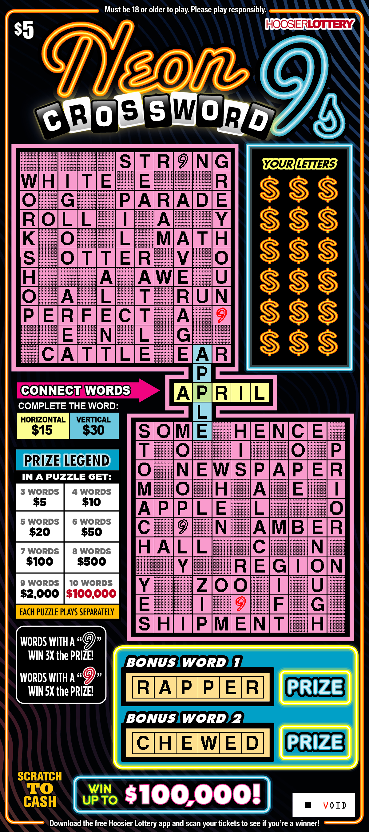 NEON 9S CROSSWORD (#2542) - Indiana Scratch-Off | ScratchOdds